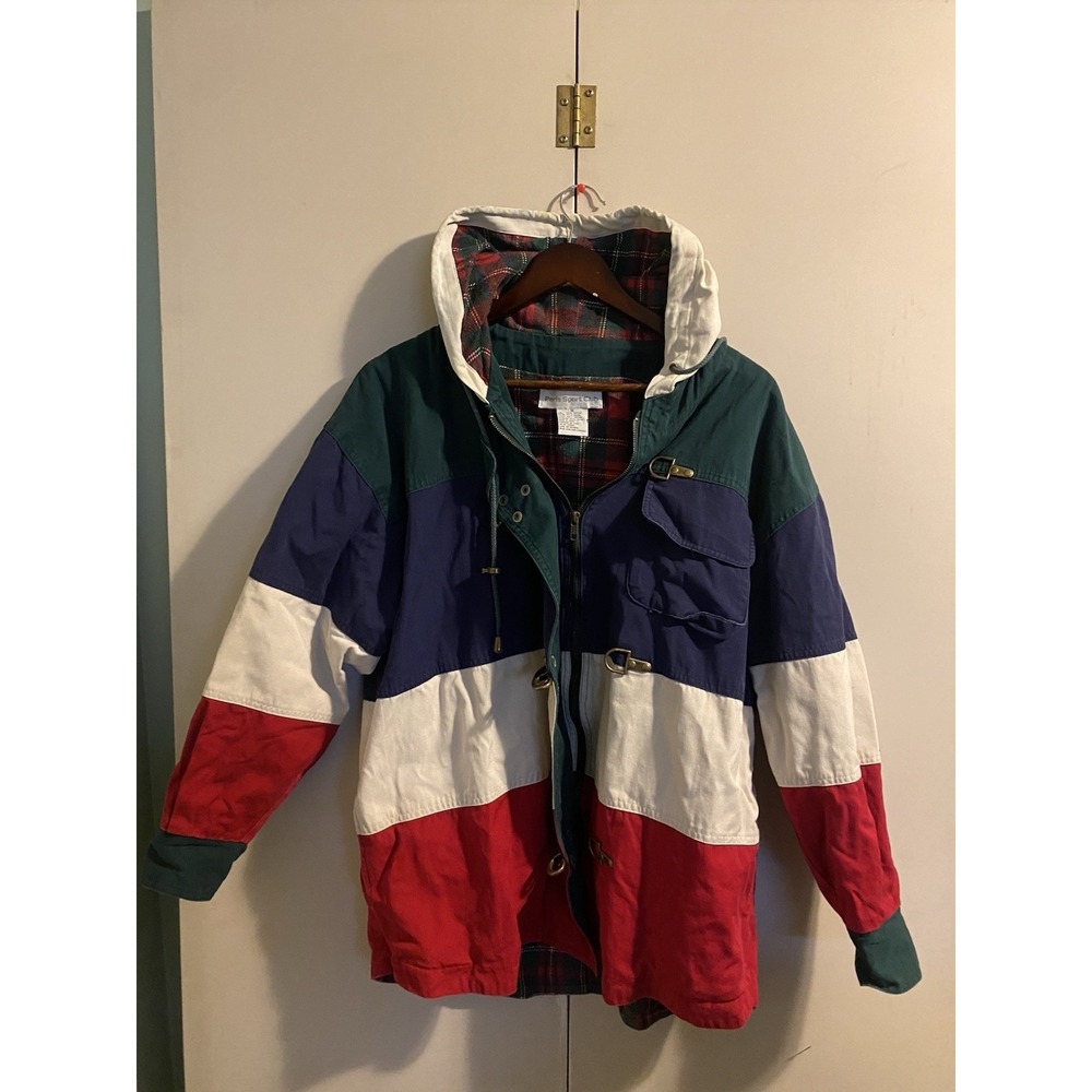 Vtg 90s Paris Sport Club Colorblock Fireman Clasp Jacket Hooded Plaid Lined M